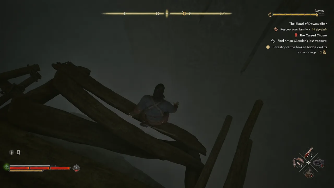 Quest tracker reading Investigate the broken bridge and its surroundings as the character climbs the ruined span