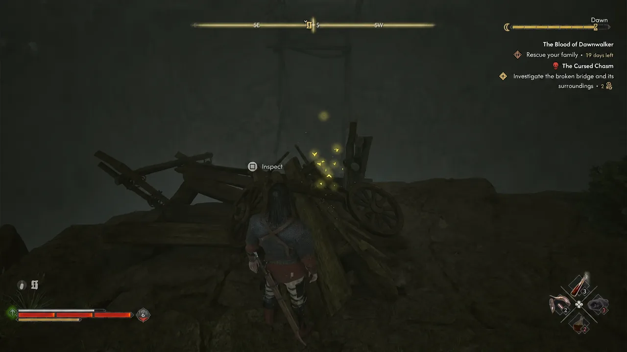 Inspect prompt highlighted over the destroyed carriage sitting on the broken bridge