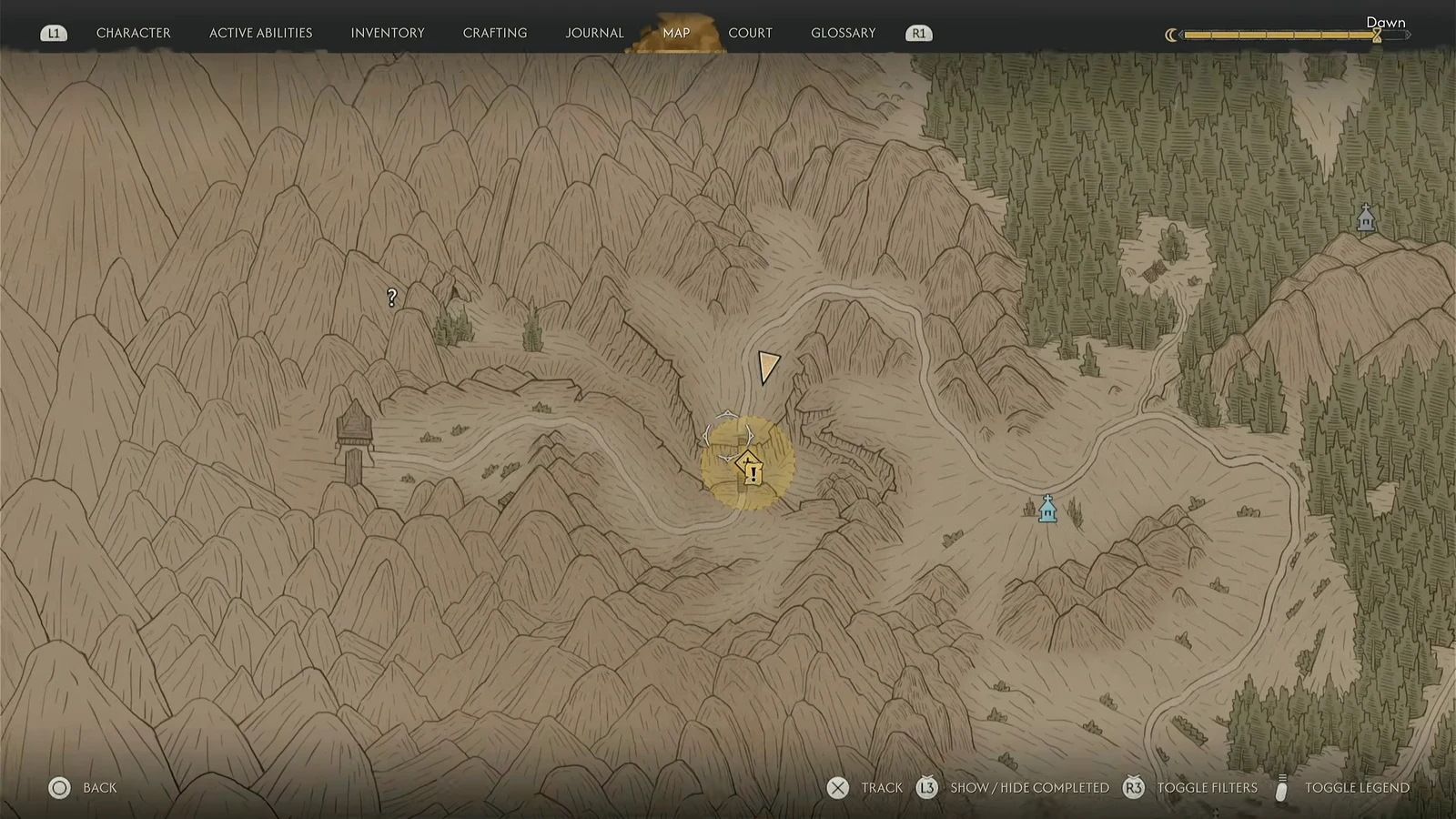 Map menu showing the yellow quest marker for the broken bridge out in the mountains