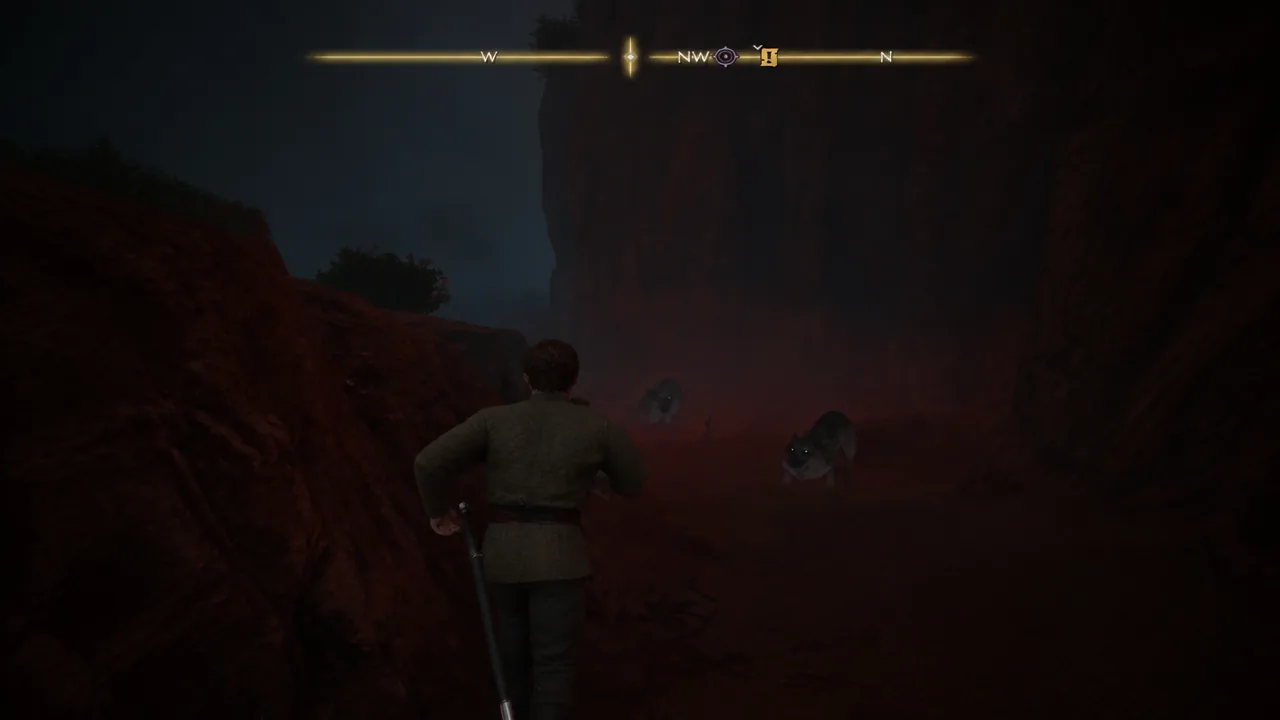 Coen moves down the canyon toward two creatures with the compass marker pointing northwest.