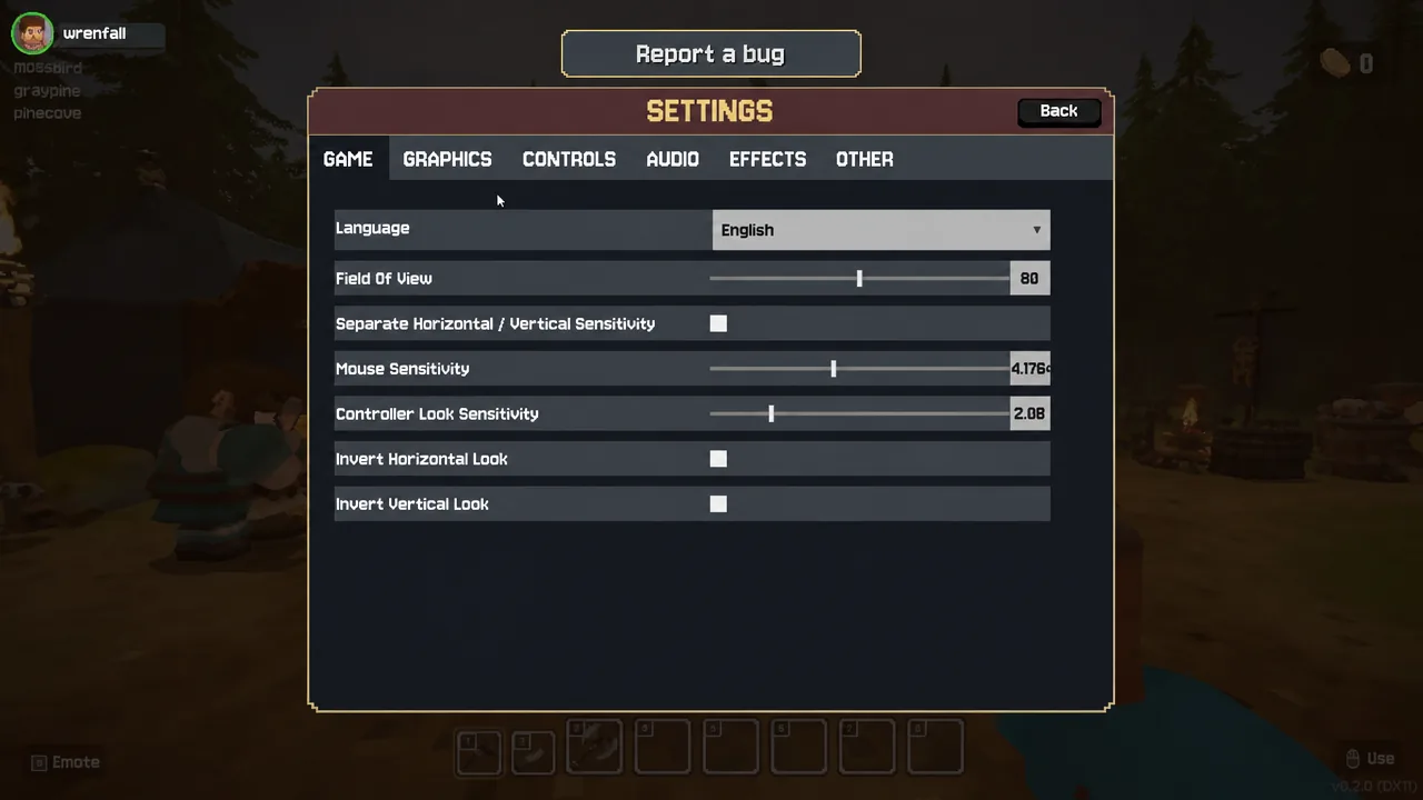 Stonewards settings menu open on the GAME tab with field of view and sensitivity options