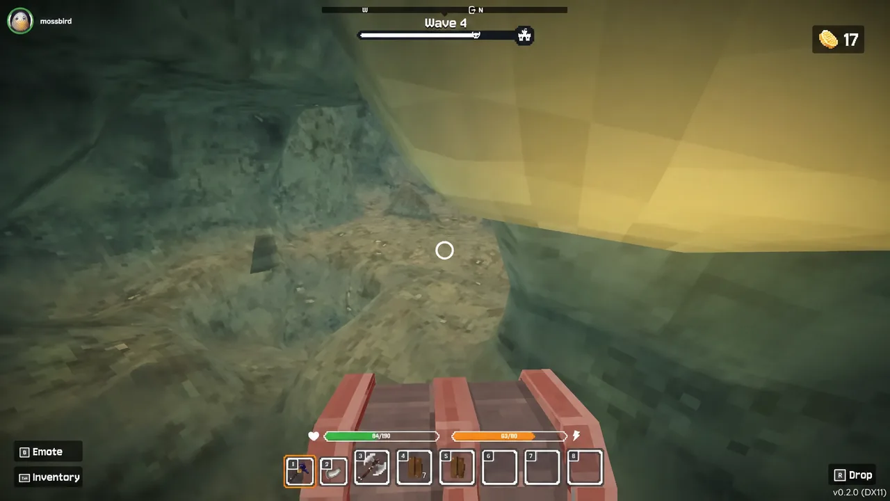 Wave 4 in Stonewards with hotbar slot one selected as the player aims near a large siege structure