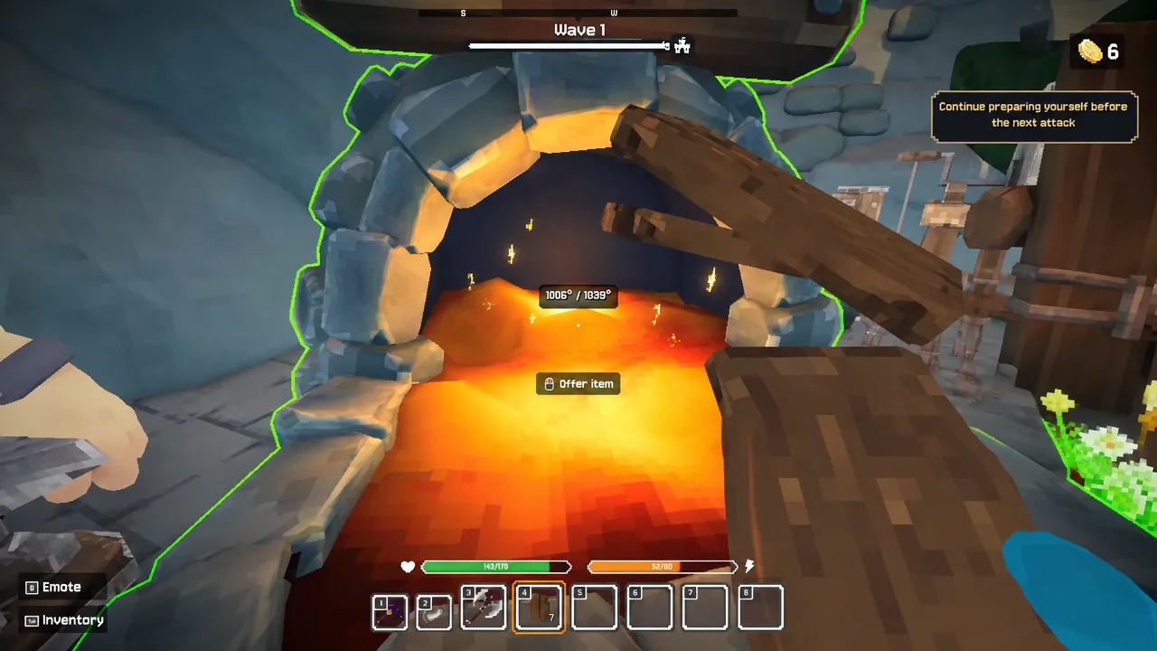 Dwarf standing at the forge in Stonewards with an Offer item prompt on screen during Wave 1