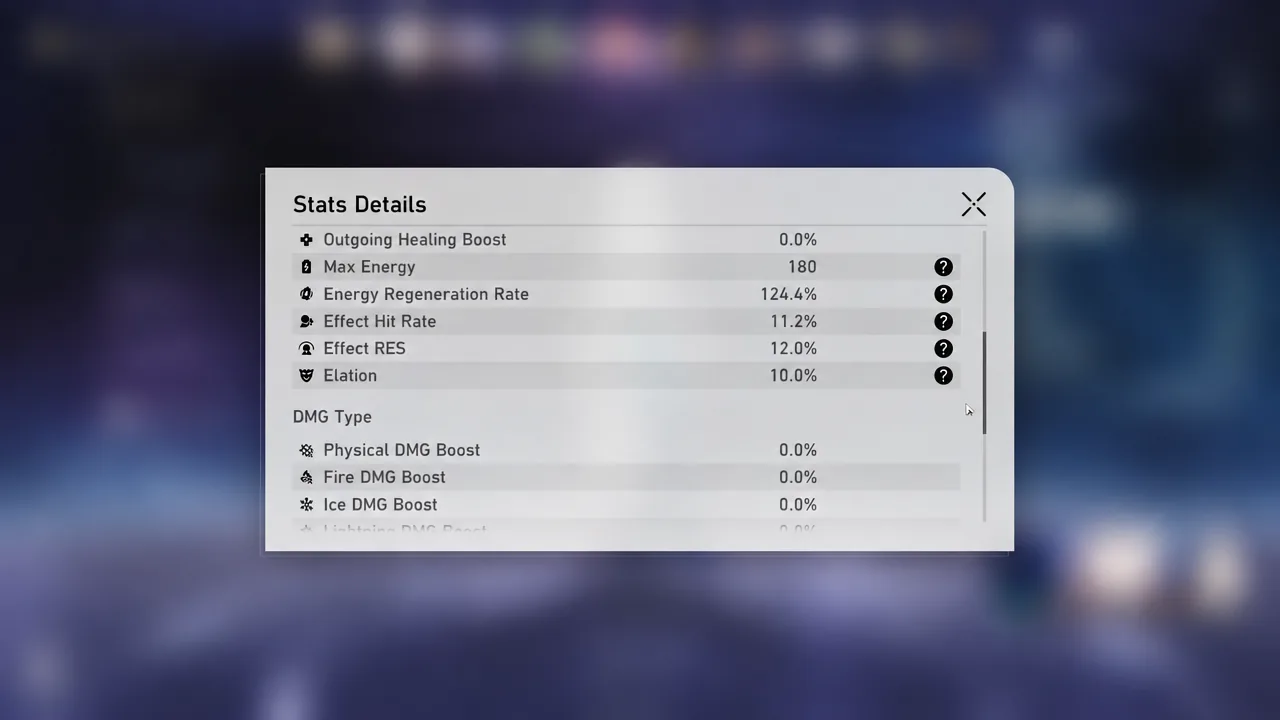 The Stats Details panel open on a character, listing full combat stat values