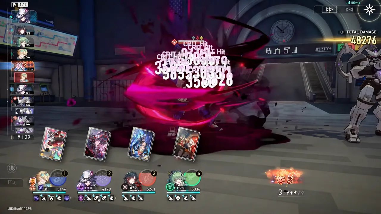 Stacked CRIT damage numbers piling up on the centre enemy during the first wave of node 2