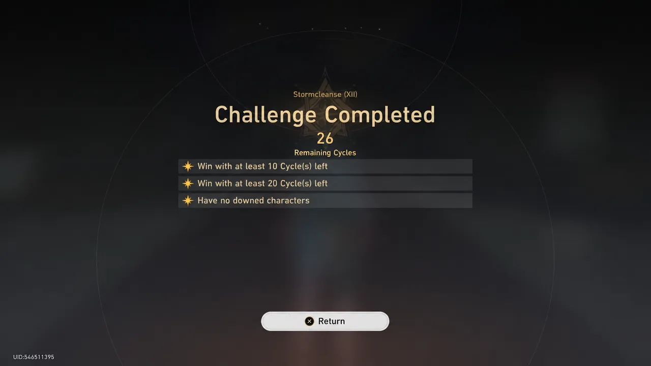 Challenge Completed screen for Stormcleanse (XII) with all three objectives marked as achieved