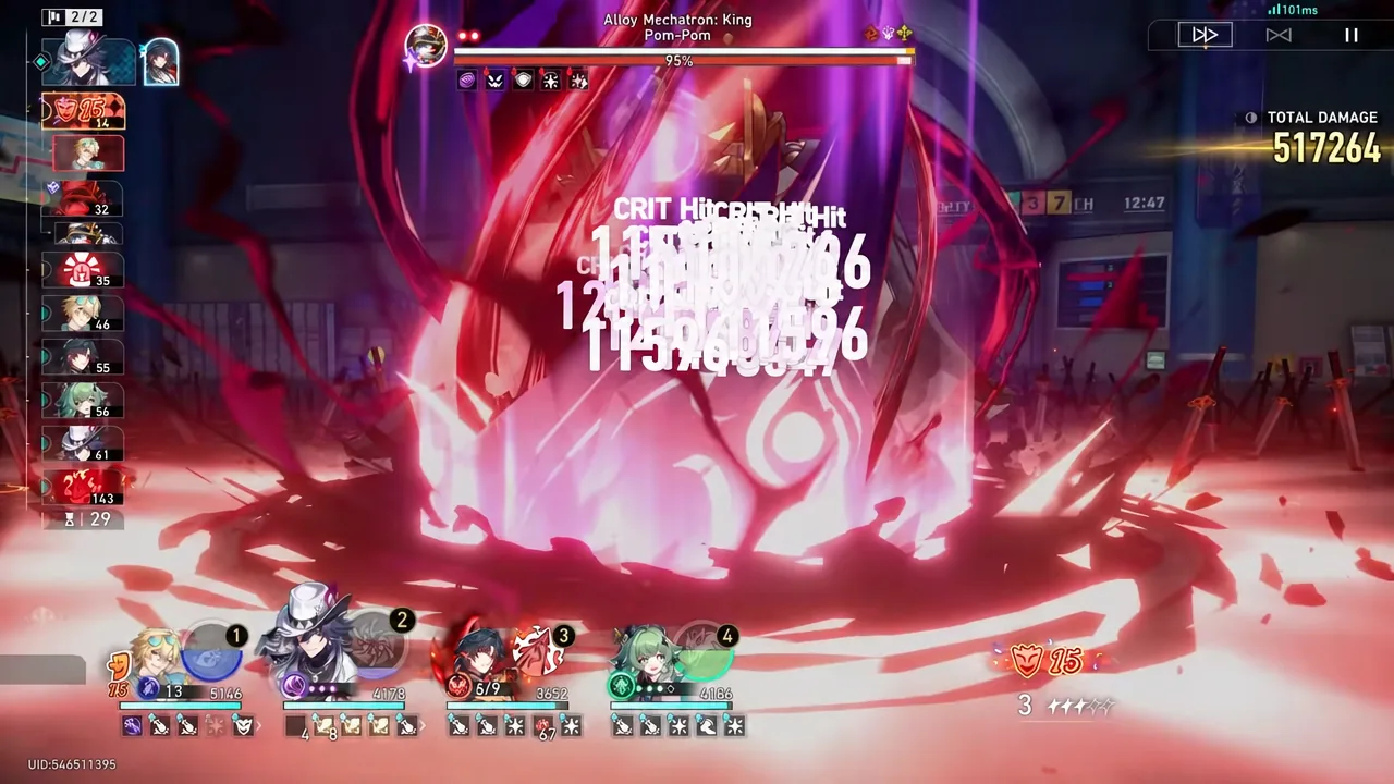 Alloy Mechatron: King Pom-Pom taking repeated CRIT hits with damage numbers covering its health bar