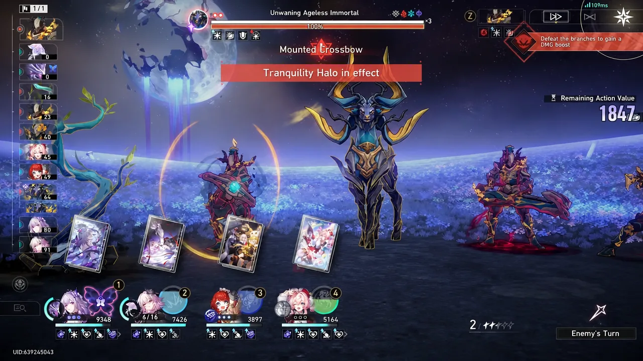 Node 1 combat with a Mounted Crossbow attack landing and the Tranquility Halo effect notice on screen