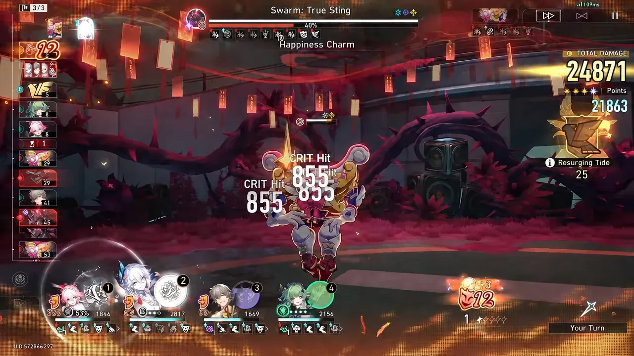 Swarm True Sting wave with Happiness Charm active and a critical hit landing on the central enemy