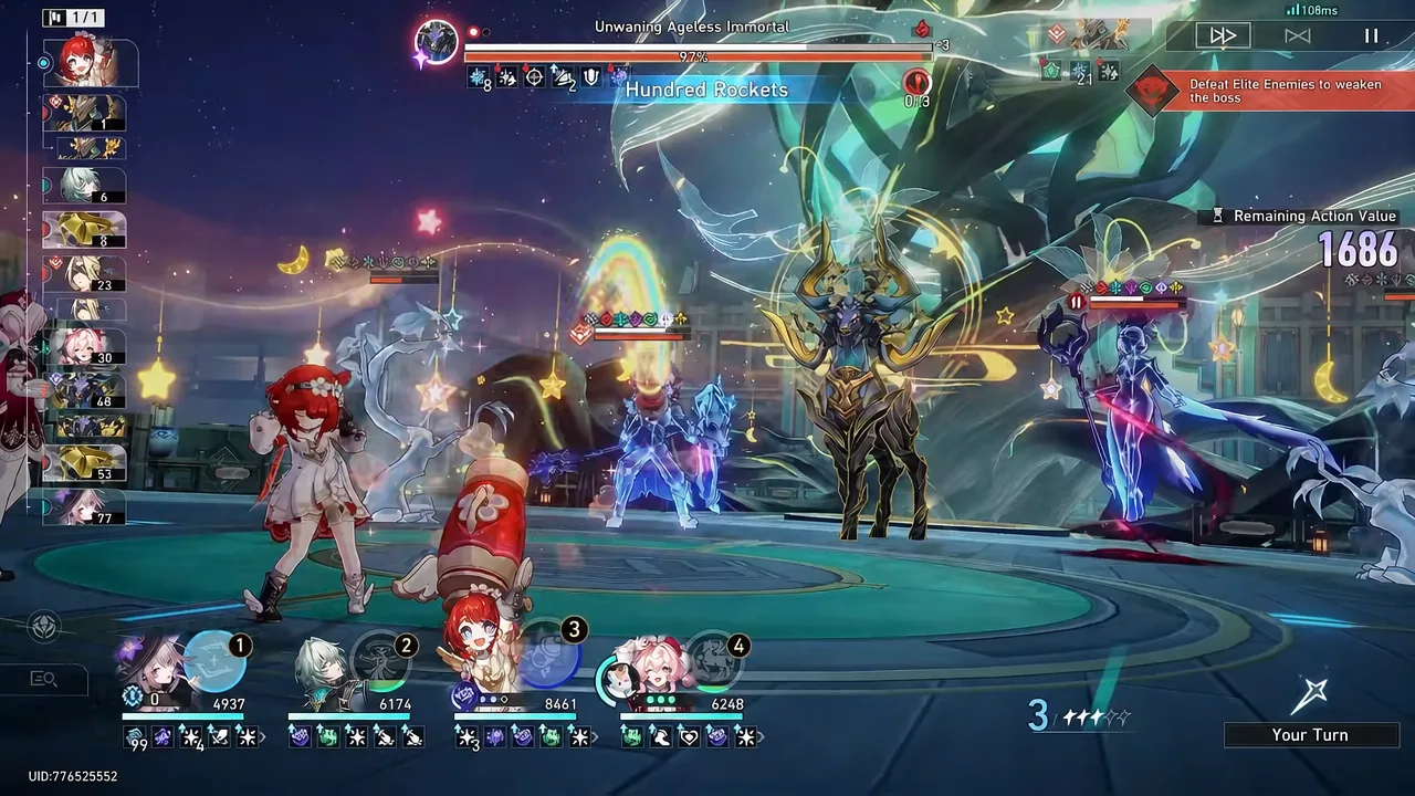 Battle screen with the Hundred Rockets attack highlighted as the selected action