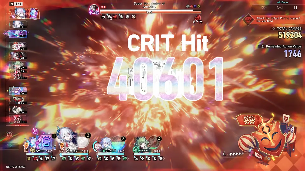 A critical hit dealing 40001 damage to Super Idol: Center of Attention
