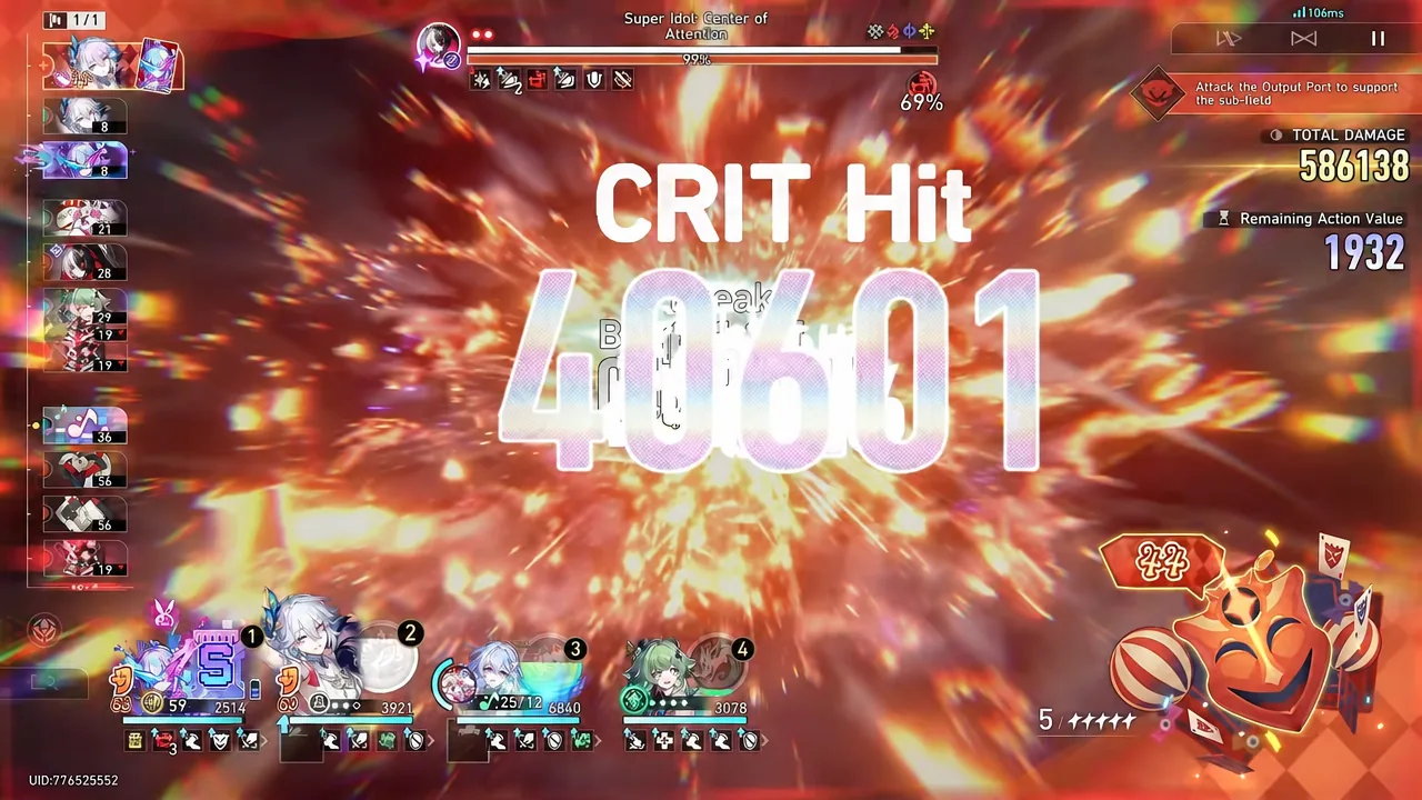 Super Idol Center of Attention battle screen showing a critical hit for 40001 damage