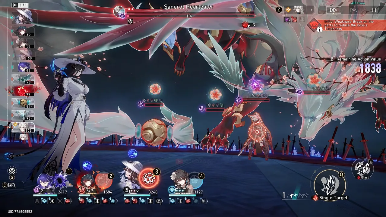 Sanerot Hearteater battle screen with the single-target command selected on the boss