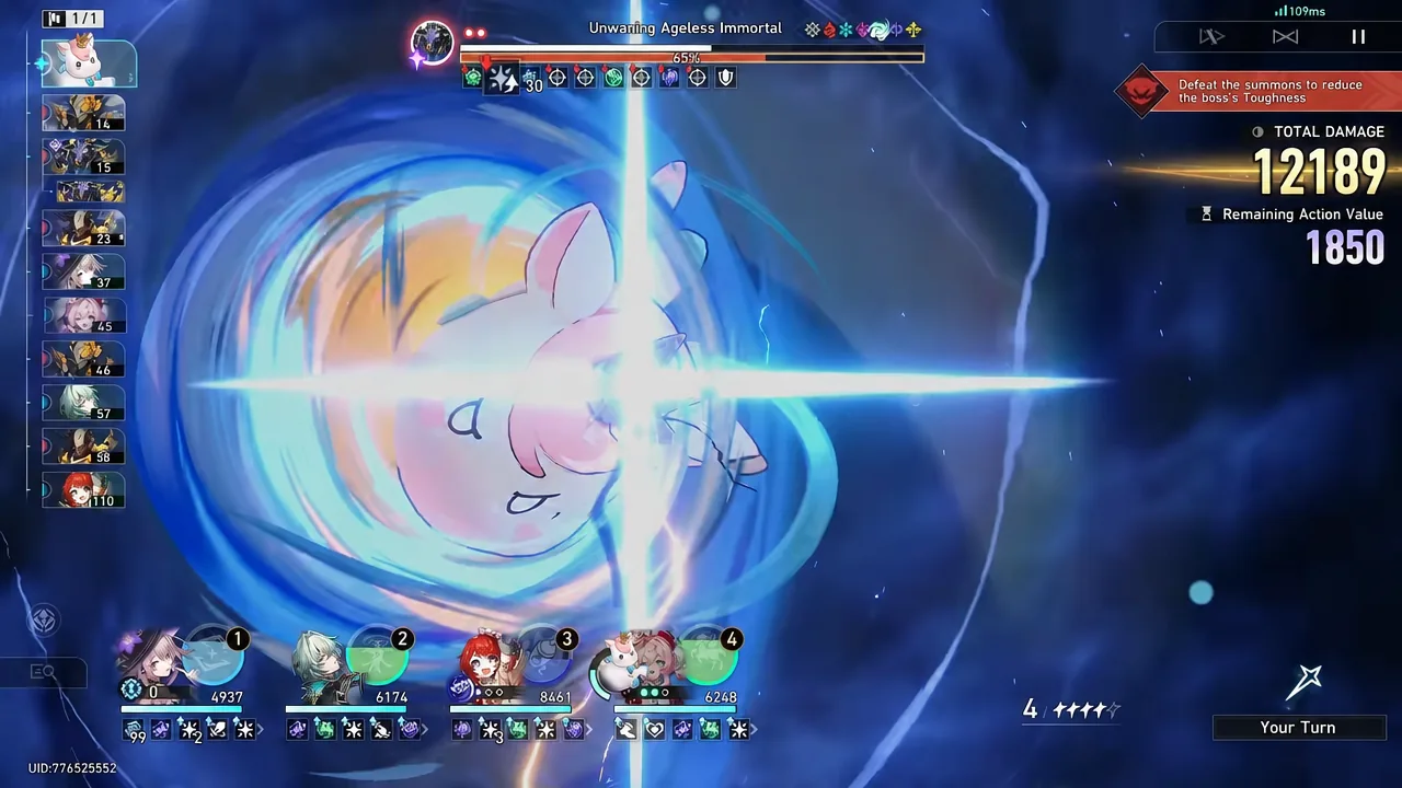 Node 1 battle screen with an AoE attack landing on Unwaning Ageless Immortal and its HP bar visible