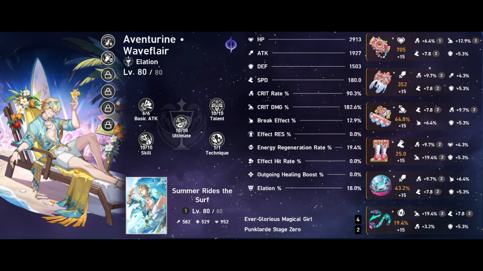 Aventurine Waveflair character details screen showing level, combat stats, and equipped relics