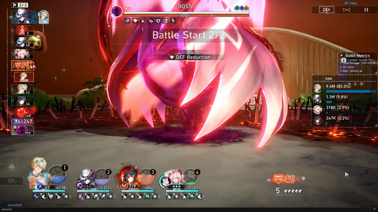 Second King in Check battle start with the boss showing an active DEF Reduction debuff