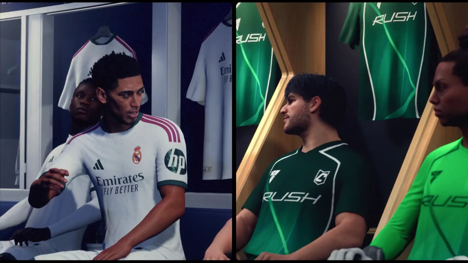A collage shows footballers in a locker room, Rush-branded changing areas, and a white-kit player during a daytime stadium match.