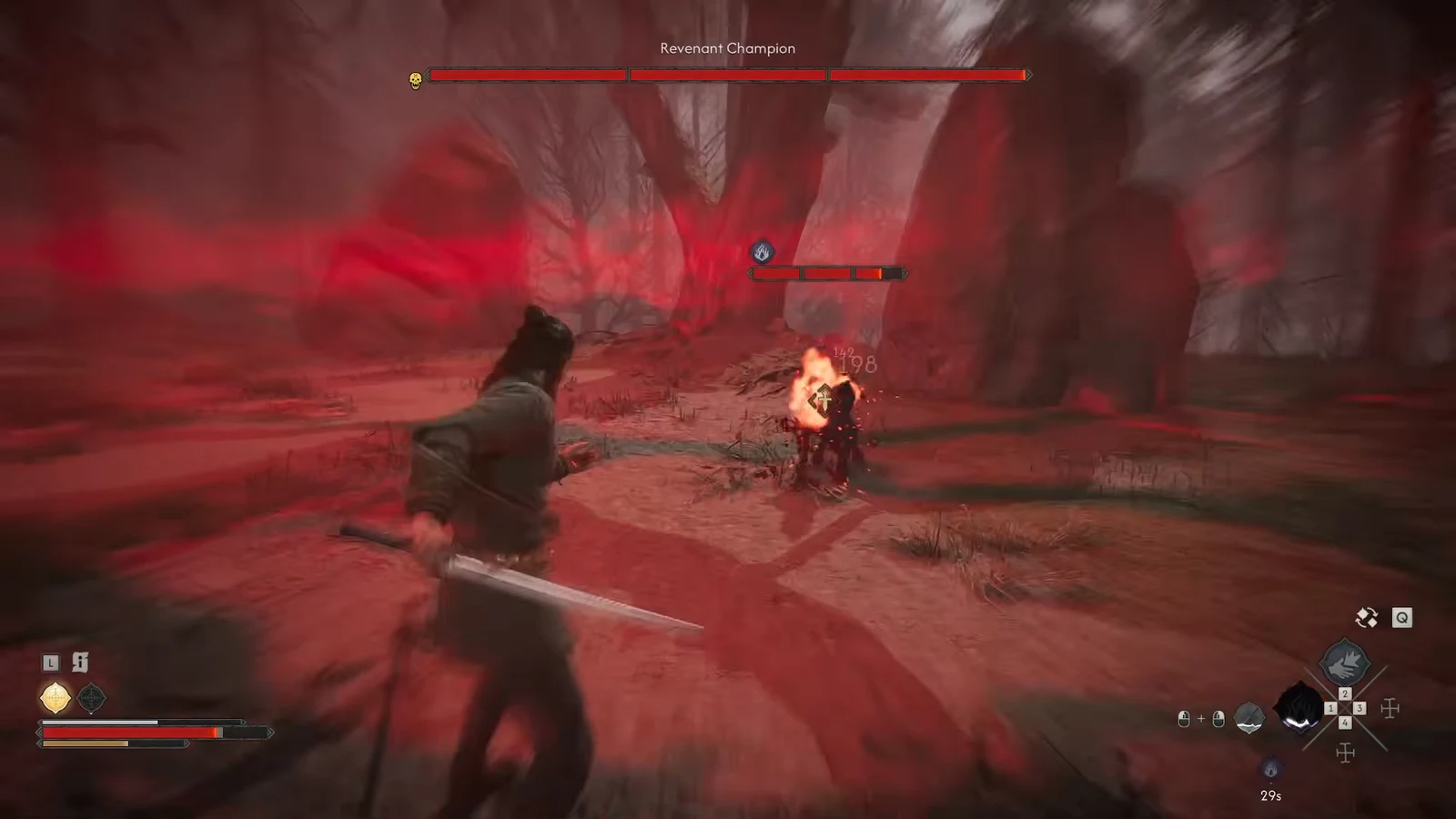 Coen striking a burning Revenant Champion inside the red-tinted trial arena
