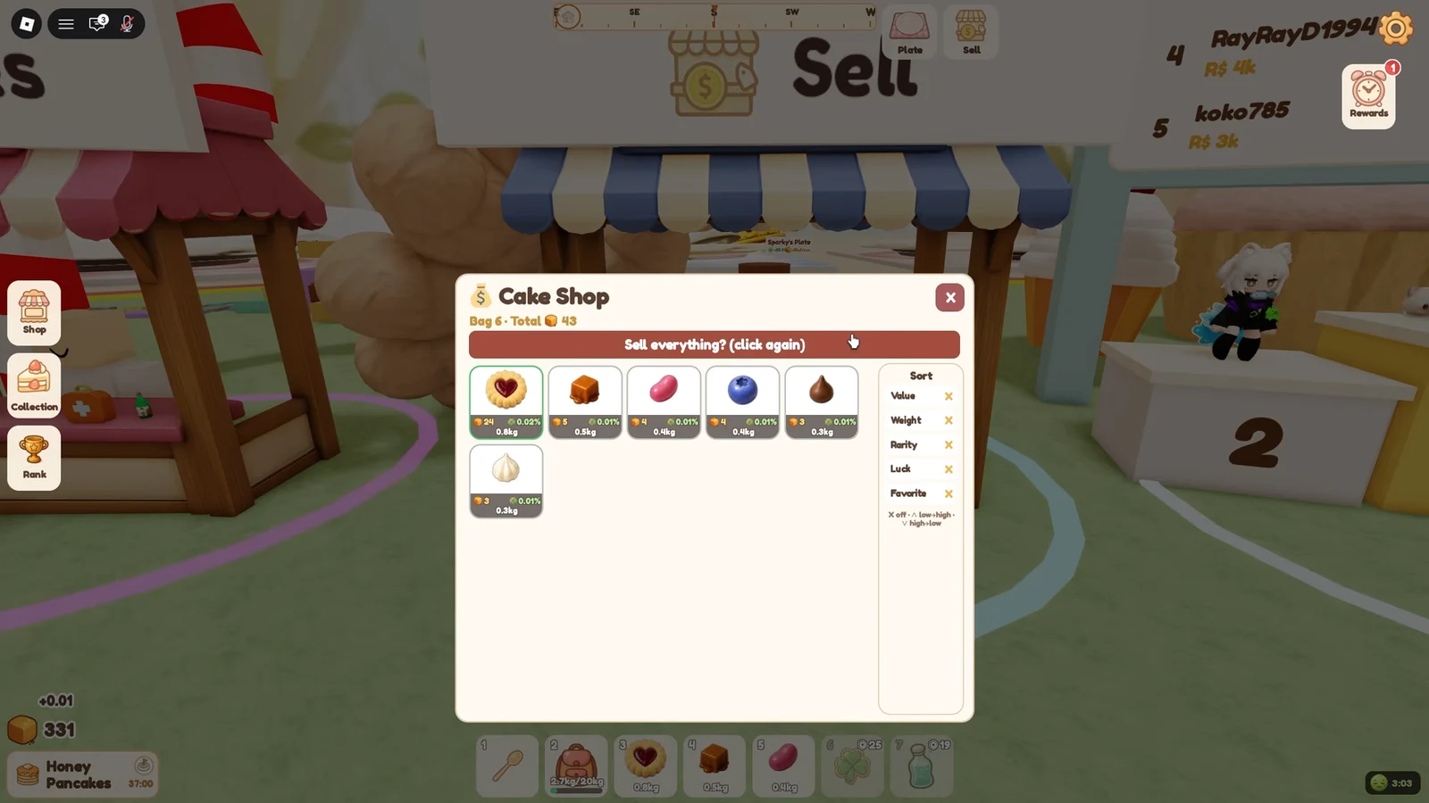 Cake Shop inventory screen showing the sell everything confirmation prompt