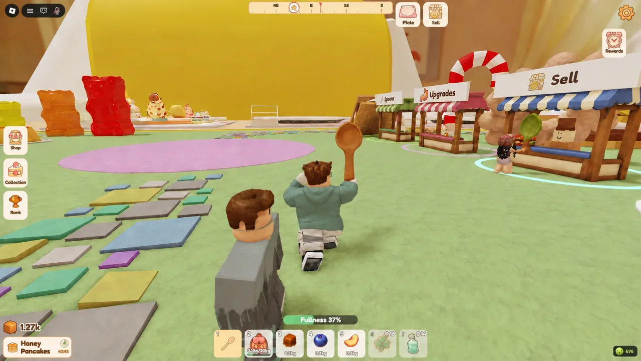 Player carrying a spoon toward the selling stall with the Sell button on screen