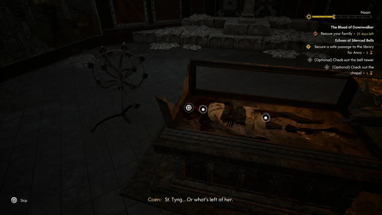 Examining a corpse in an open sarcophagus inside the sacristy