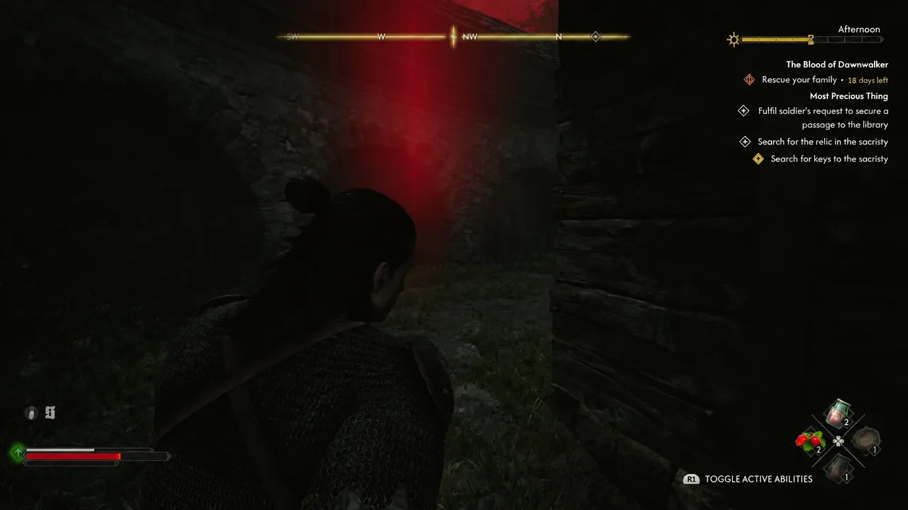 Quest tracker showing the search for keys objective in a dark library passage