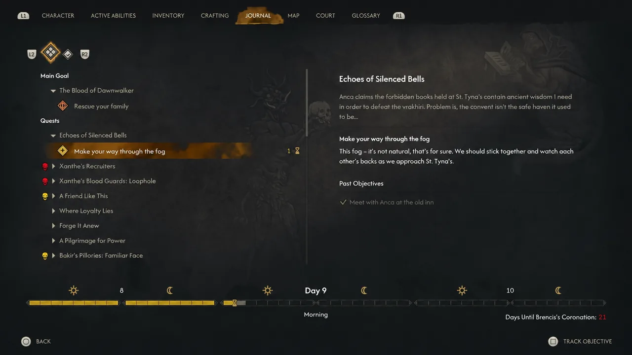 Journal screen showing the Make your way through the fog objective and description