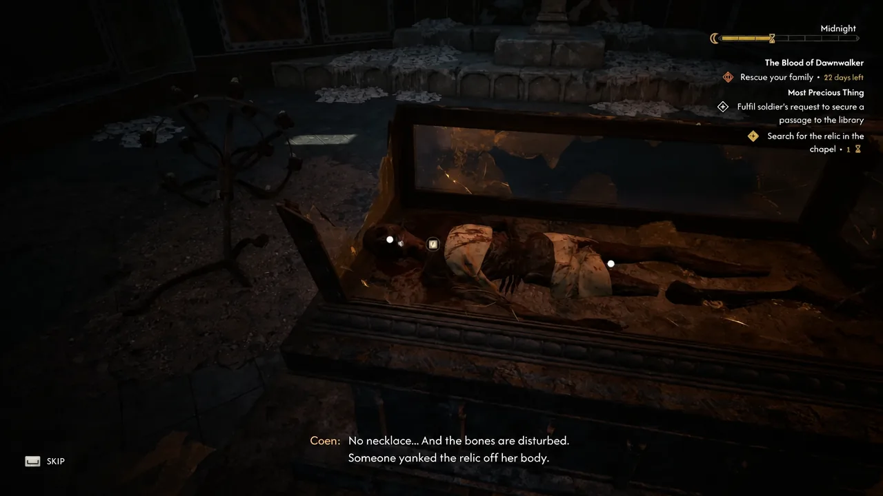 Interaction prompt on a disturbed corpse in a coffin as Coen investigates the missing relic
