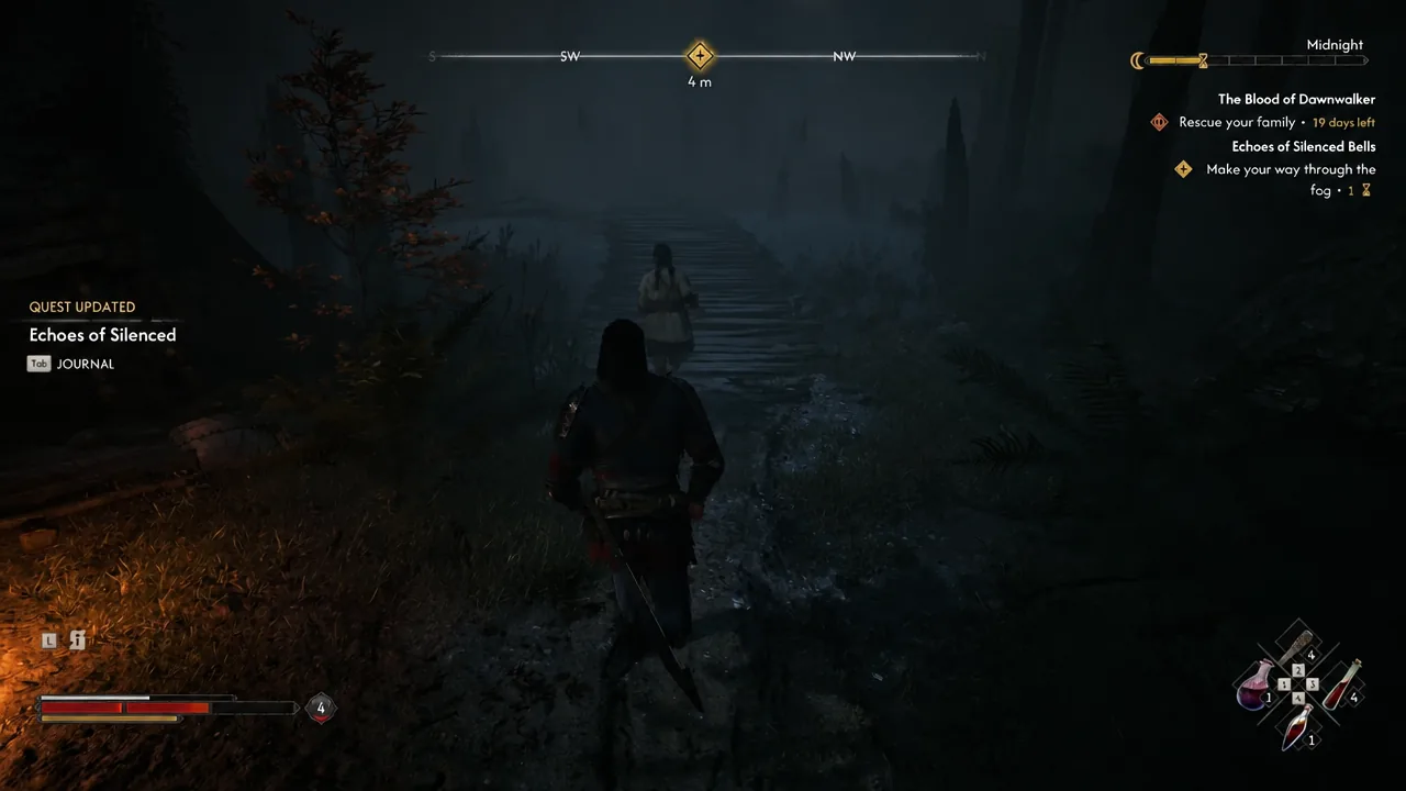 Foggy convent path with the updated Echoes of Silenced quest and a Journal prompt