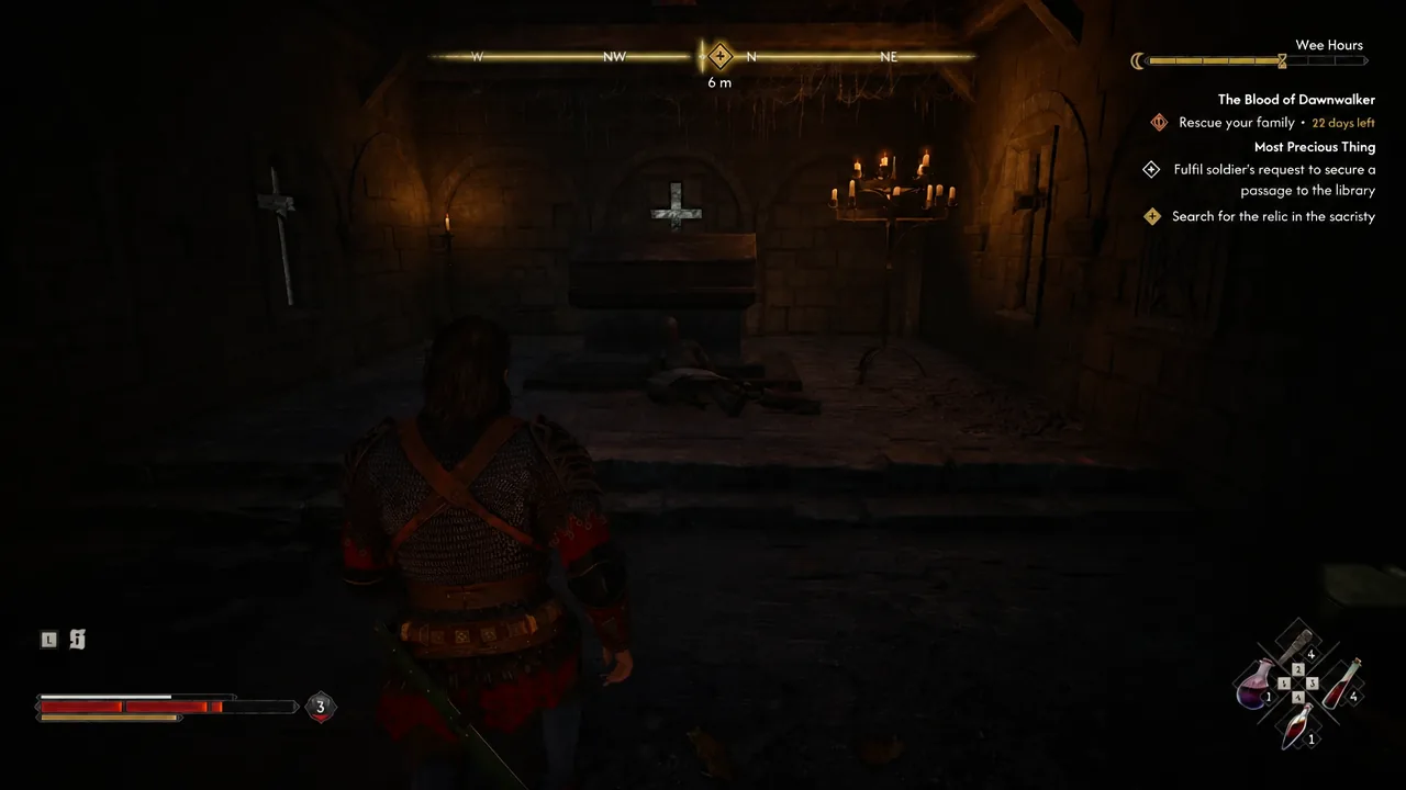 Objective tracker highlighting Search for the relic in the sacristy inside the chapel