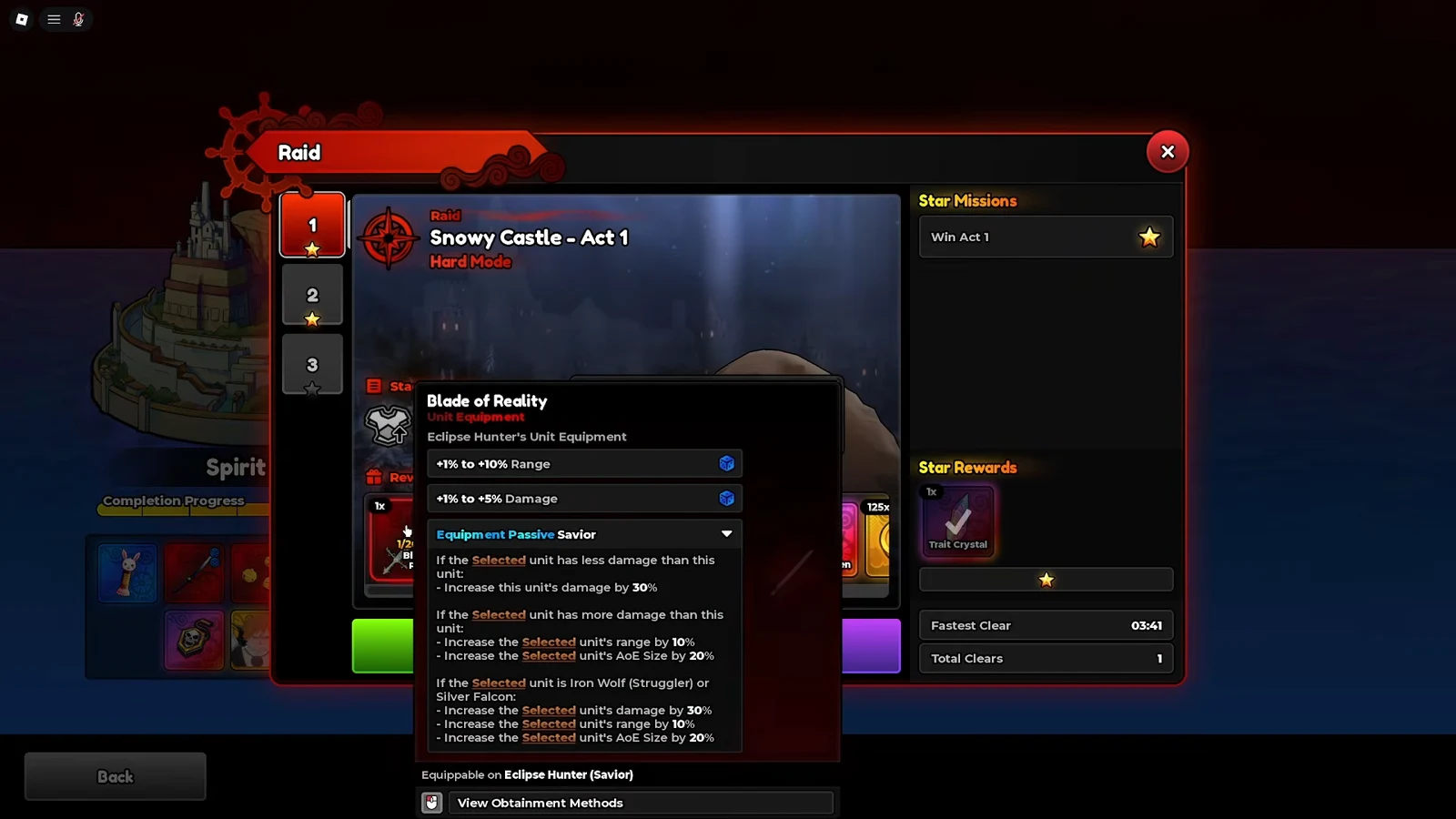 Snowy Castle Act 1 Hard Mode raid menu with the Blade of Reality equipment tooltip open
