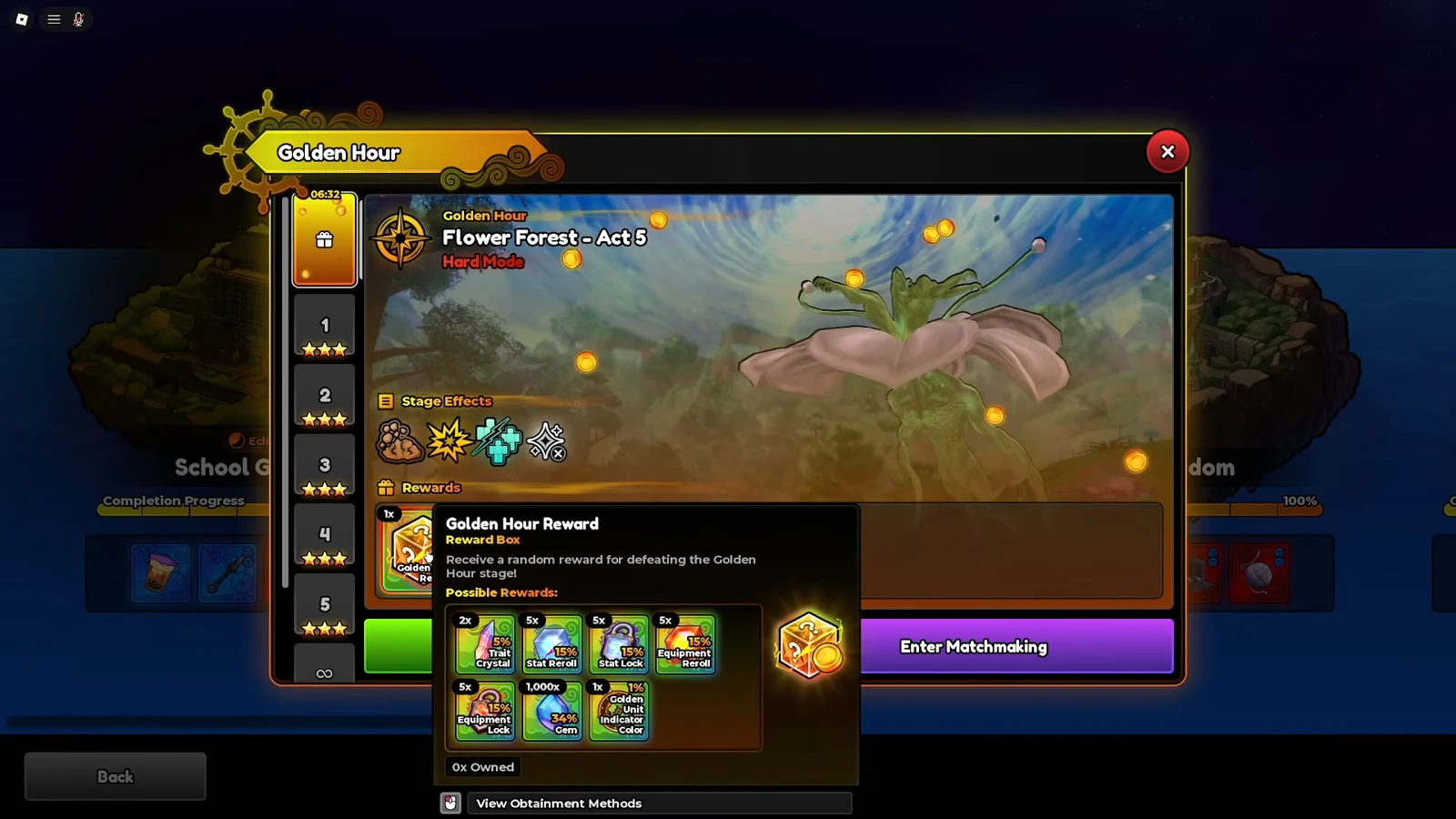 Golden Hour stage menu on Flower Forest Act 5 Hard Mode showing the reward box tooltip