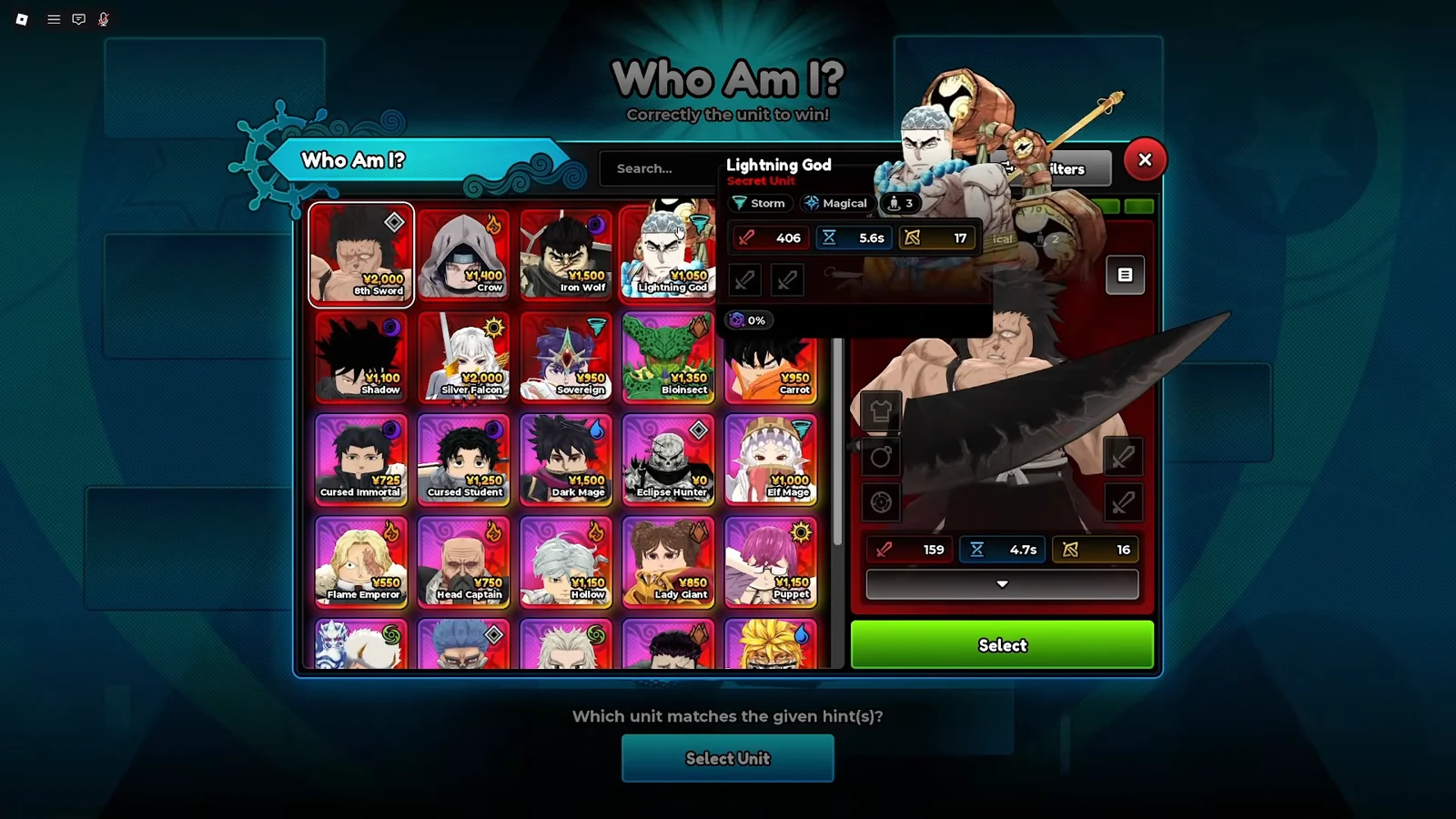 Who Am I? event unit picker with Lightning God highlighted and its stats shown before selecting