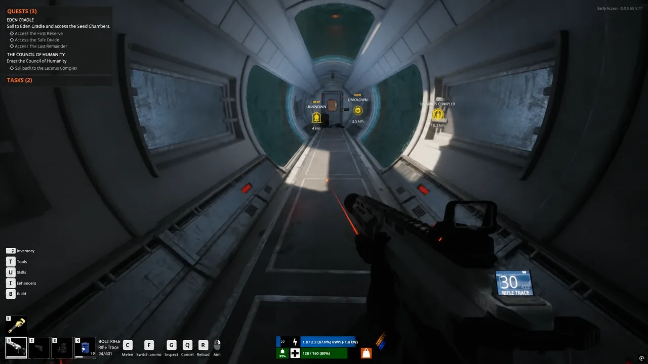 Dim facility corridor with an unknown objective marker as the player heads for the Seed Chambers