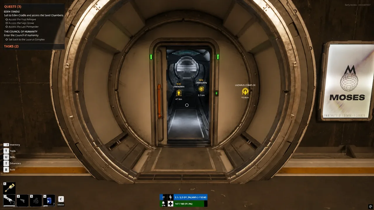 Player approaching a circular sealed doorway leading into an Eden Cradle seed chamber