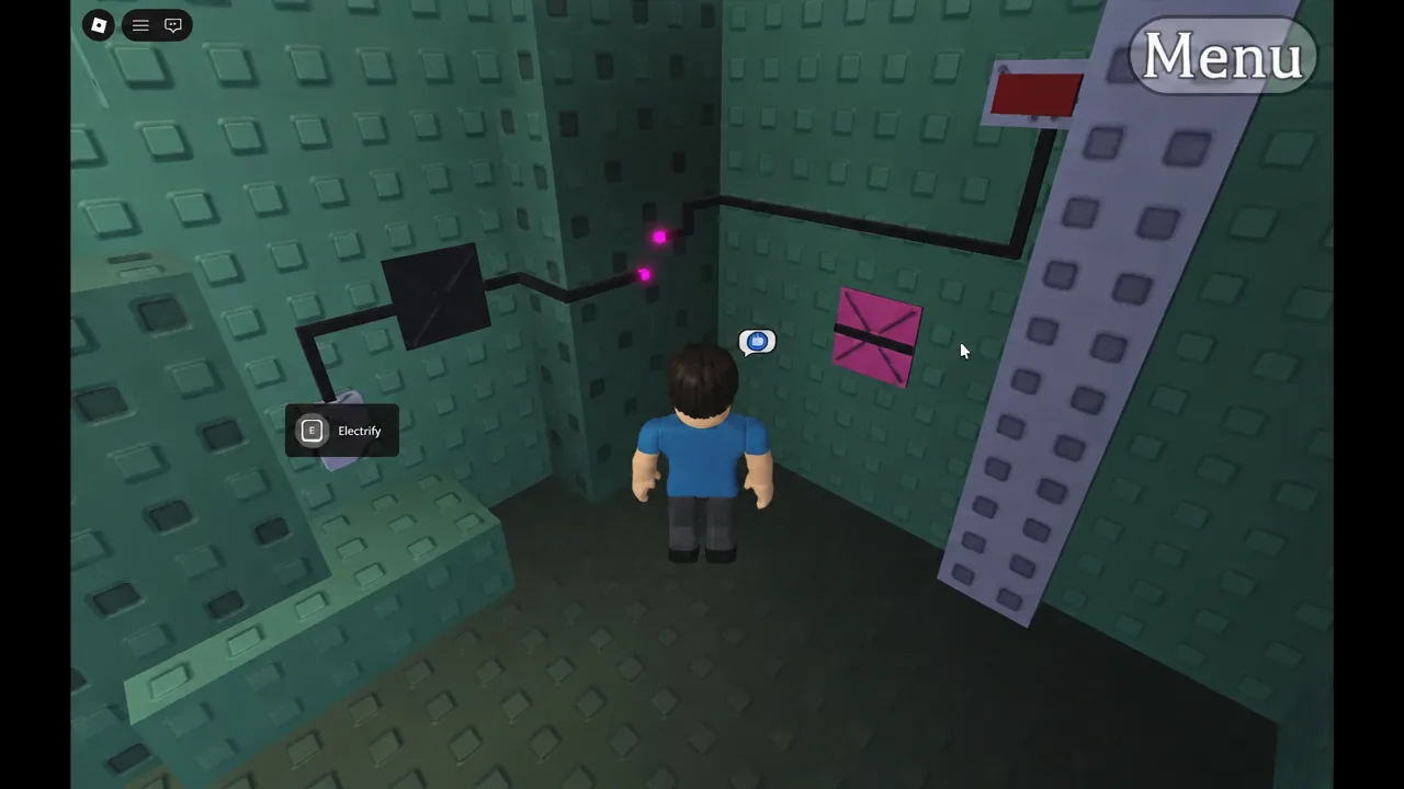 A red block sits mid-path in the green chamber, forcing the current around it.