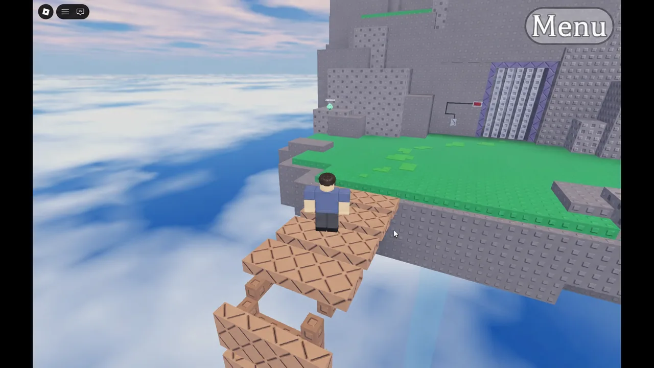 The suspended bridge leading to the first gated island.