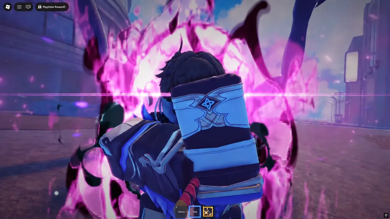 Combat against an Extreme boss with a purple ability firing off around the player