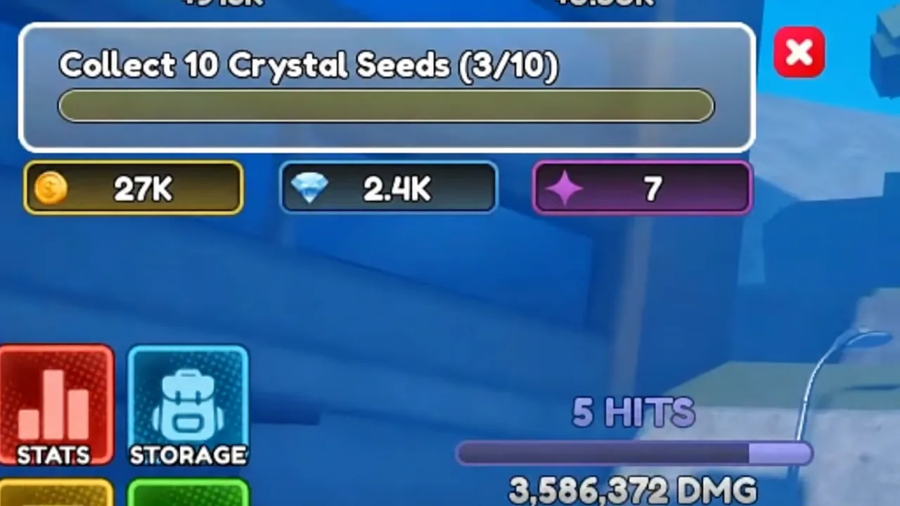 Quest tracker reading Collect 10 Crystal Seeds at 3 of 10 during combat