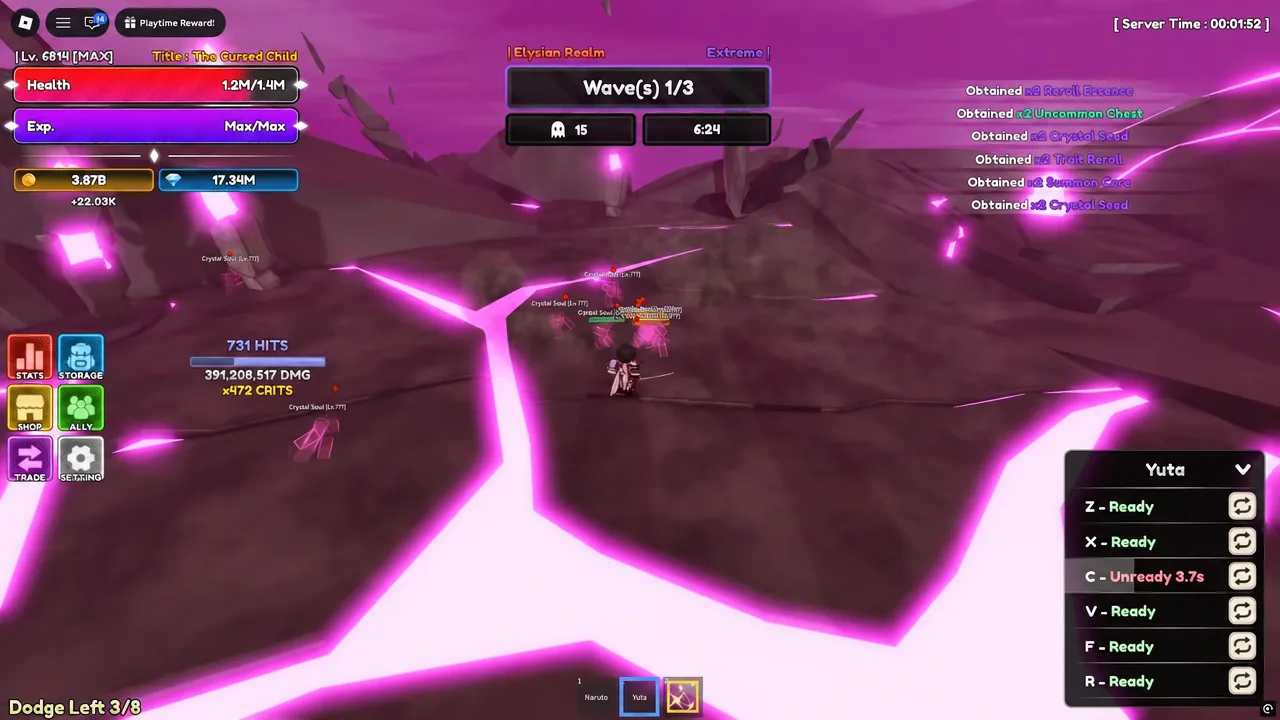 Elysian Realm dungeon in progress showing the Wave 1 of 3 counter