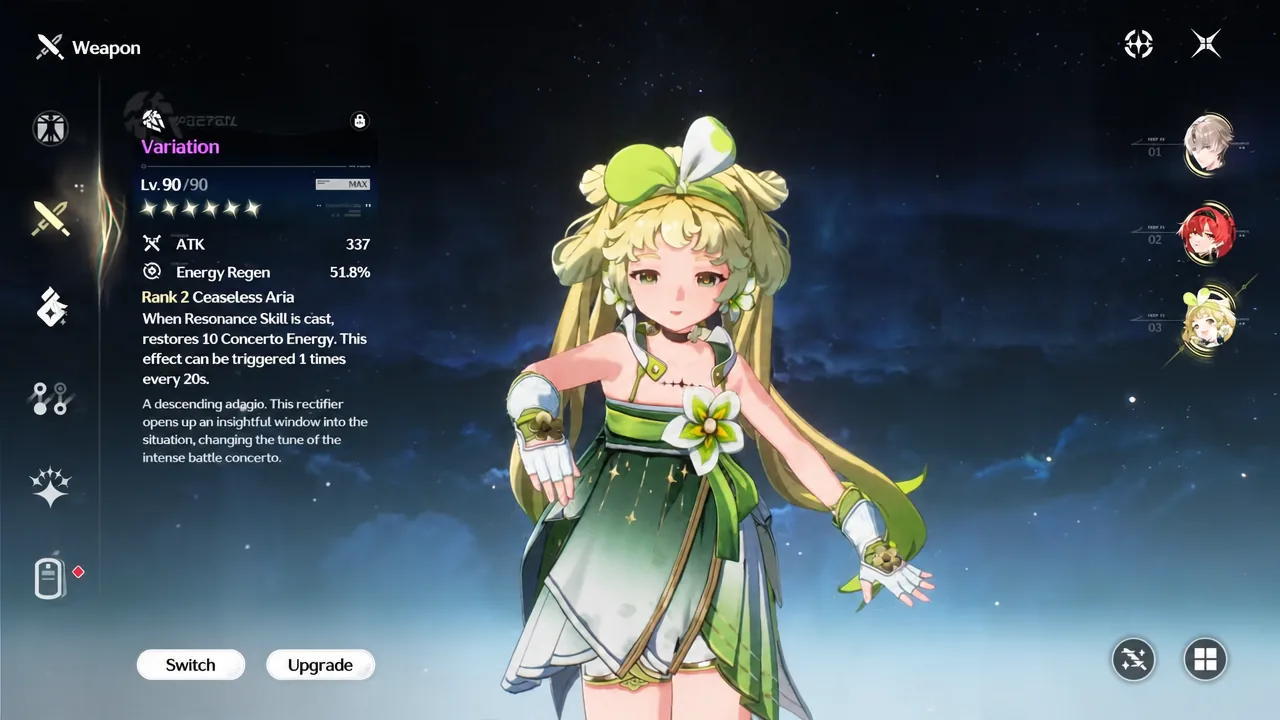 Weapon screen showing the Variation weapon selected with its stats and upgrade options