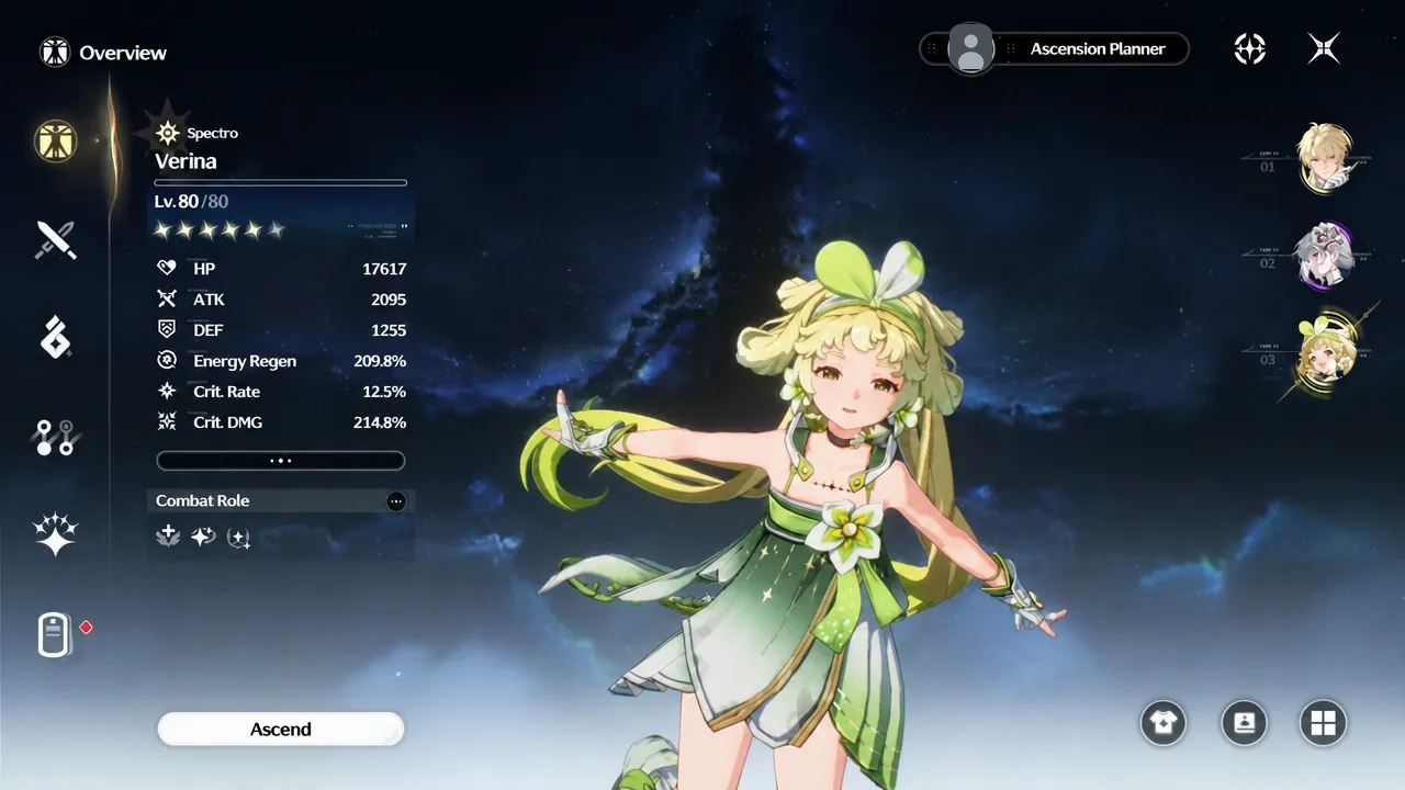 Verina selected on the character overview with the Ascend button highlighted