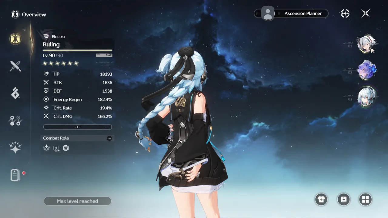 Buling character profile and stats open on the overview screen