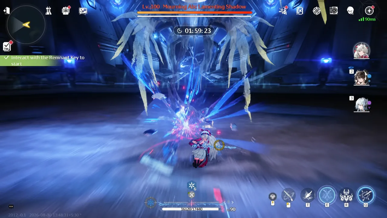 Combat prompt to interact with the Remnant Key while fighting Mourning Aix in Endstate Matrix