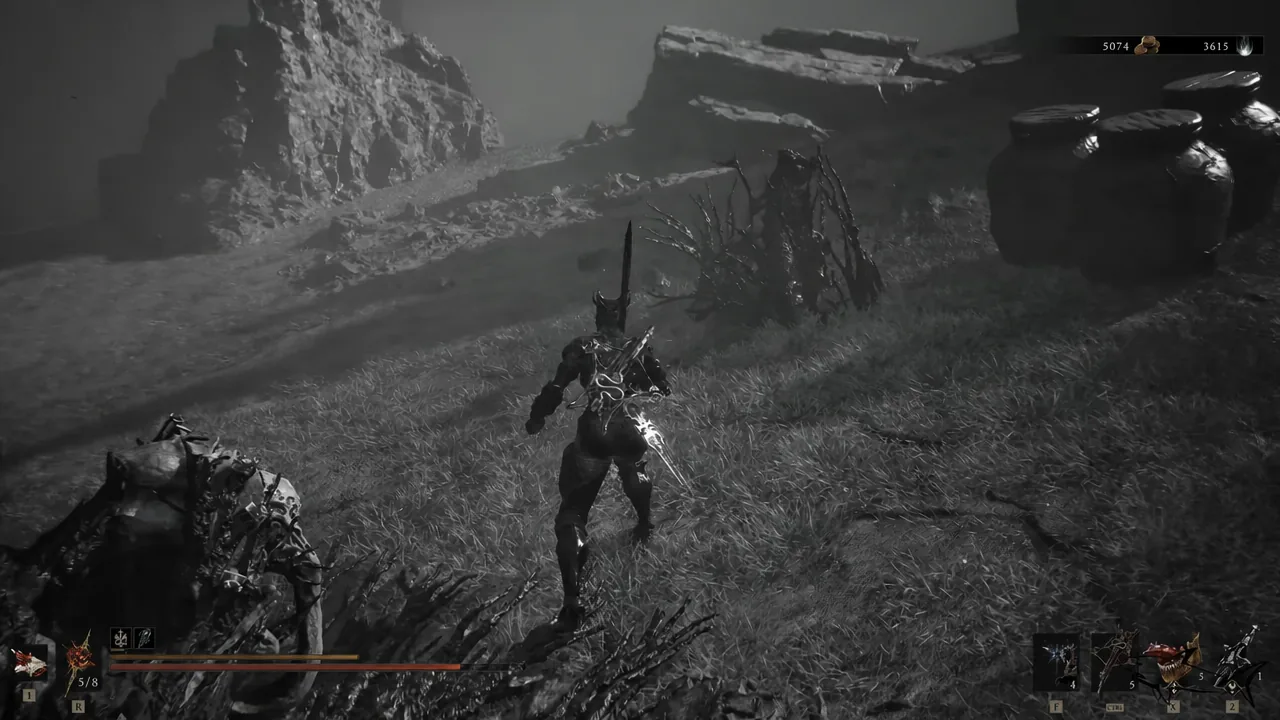 Armored player character fighting through a rocky grass-covered arena during the trial