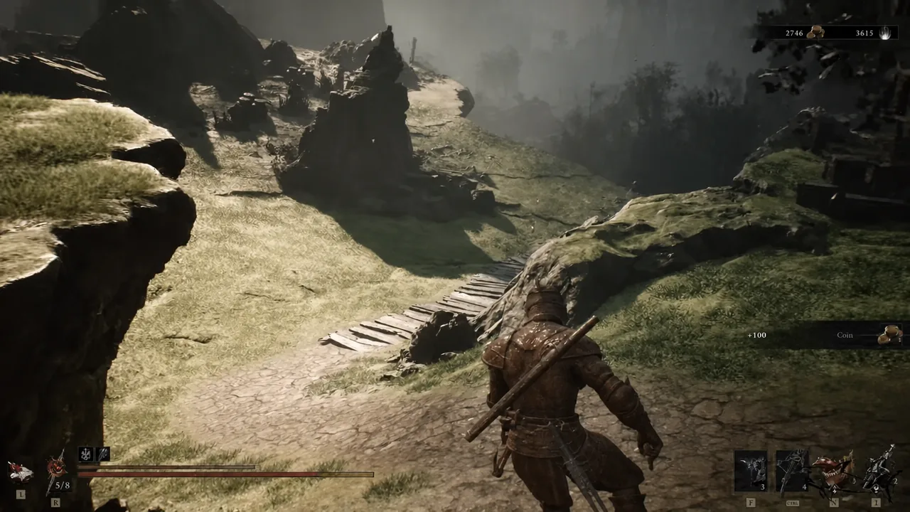 Player running along a rocky cliff path toward a bridge as a +100 Coin pickup appears