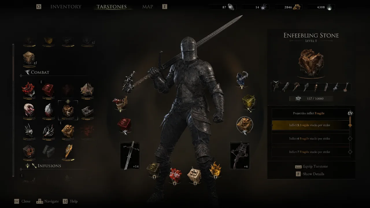 Tarstones menu showing Enfeebling Stone Level 1 with the 5 Fragile stacks description