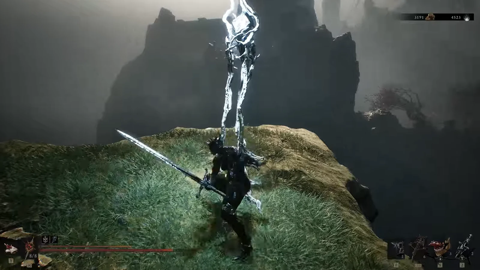 Player with a greatsword facing a glowing spectral figure on a grassy cliff