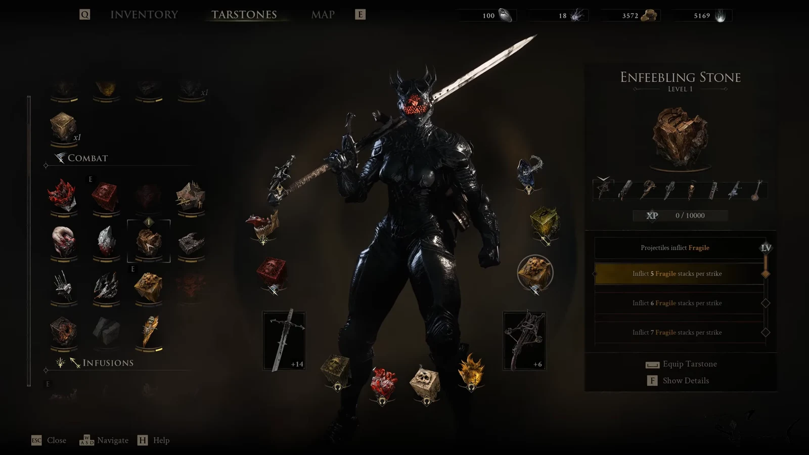 Tarstones menu showing Enfeebling Stone Level 1 with the 5 Fragile stacks description