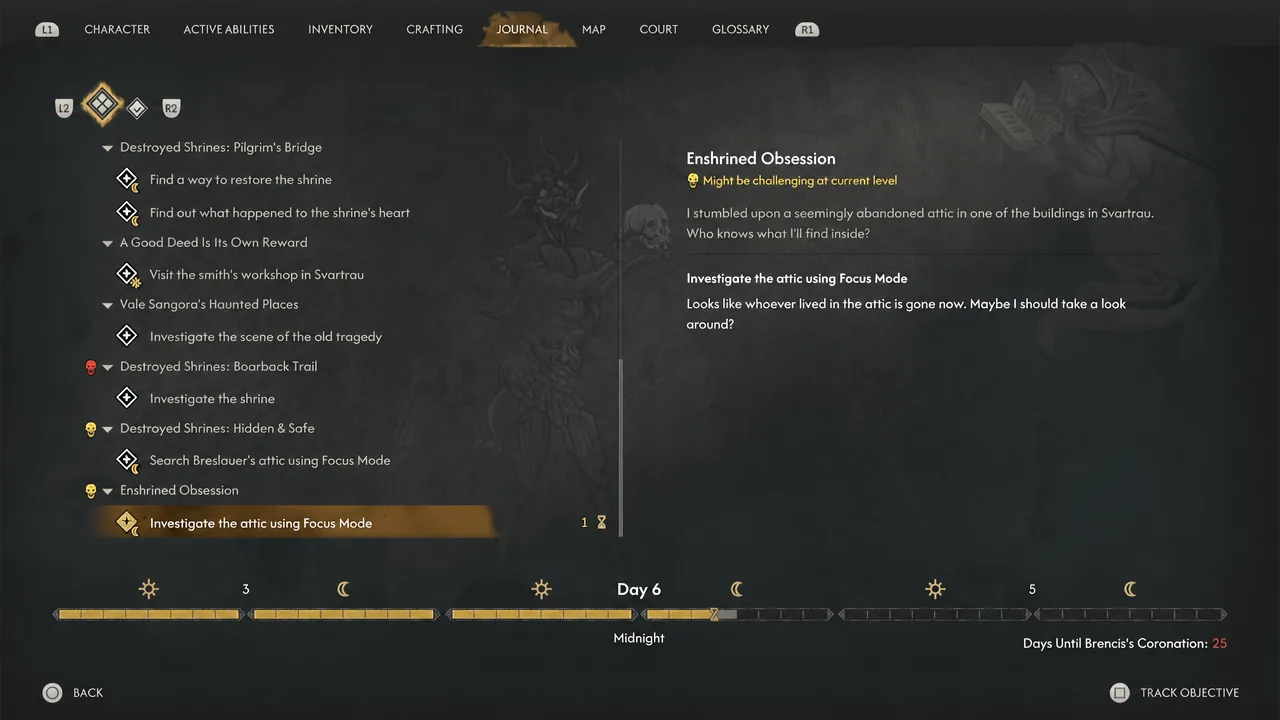 Journal entry for Enshrined Obsession with the Focus Mode attic objective highlighted